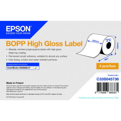 Epson C33S045736 High Gloss, per ColorWorks, 203mmx68m, polypropylen, bianco etichette autoadesive