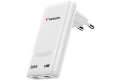 Verbatim Fold ,n, Go, GaN nabíječka do sítě 2 USB-C PD 3.0, bílá, 65W, pevná EU vidlice