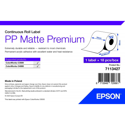 Epson 7113427 PP Matte, per ColorWorks, 76mm x 29m, polypropylen, bianco etichette autoadesive