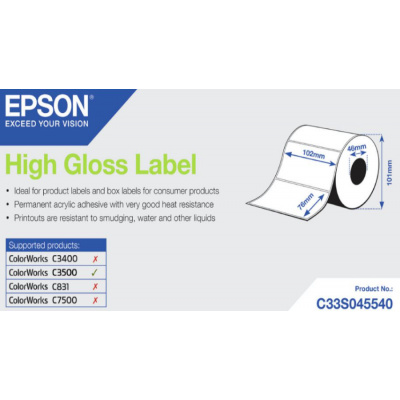 Epson C33S045540 High Gloss, per ColorWorks, 76mmx33m, bianco etichette autoadesive