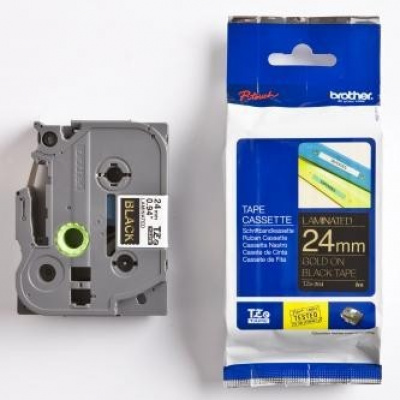 Brother TZ-354 / TZe-354, 24mm x 8m, testo oro / sfondo nera, nastro originale