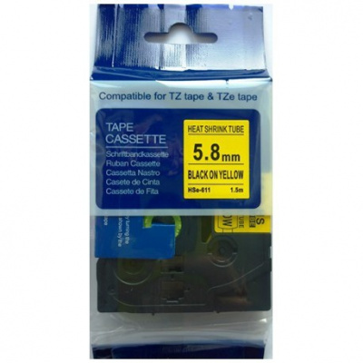 Nastro compatibile con Brother HSe-611, 5,8mm x 1,5m, testo nera / sfondo giallo