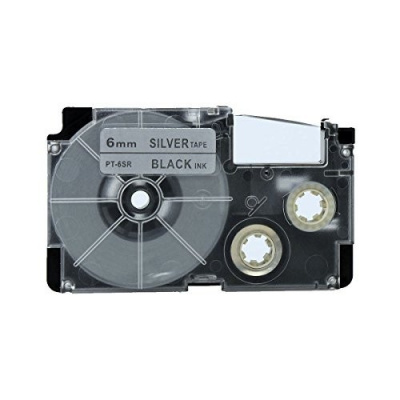 Nastro compatibile con Casio XR-6SR1 6mm x 8m testo nera / sfondo argento
