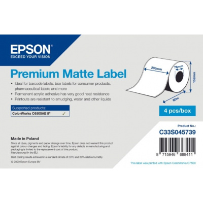 Epson C33S045739 Premium Matte, per ColorWorks, 203mmx60m, bianco etichette autoadesive