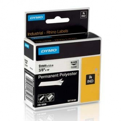 Dymo Rhino 18508, S0718160, 9mm x 5,5m testo nera / nastro trasparente, nastro originale