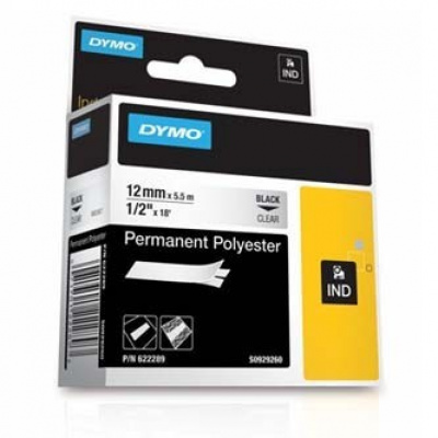 Dymo Rhino 622289, 12mm x 5,5m, testo nera/nastro trasparente, nastro originale