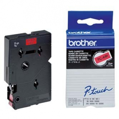 Brother TC-491, 9mm x 7,7m, testo nera / sfondo rosso, nastro originale