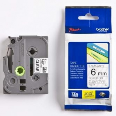 Brother TZ-111 / TZe-111, 6mm x 8m, testo nera / nastro trasparente, nastro originale