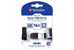 Verbatim USB flash disk, USB 2.0, 16GB, Nano, Store N Go, nero, 49821, USB A, s adattatoreem USB Micro
