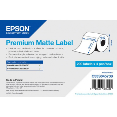 Epson C33S045738 Premium Matte, per ColorWorks, 210x297mm, 200pz, bianco etichette autoadesive