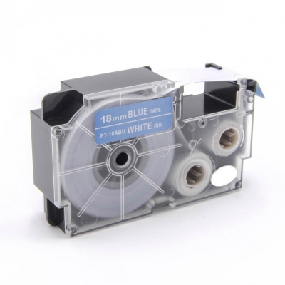 Nastro compatibile con Casio XR-18ABU 18mm x 8m testo bianco / sfondo blu