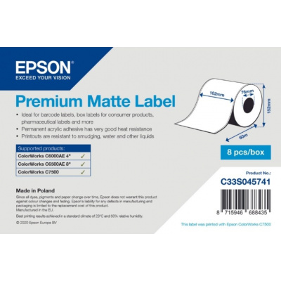 Epson C33S045741 Premium Matte, per ColorWorks, 102mmx60m, bianco etichette autoadesive
