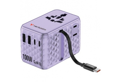 Verbatim 30193, Adattatore da viaggio universale Charge ,n, Travel 2x USB-C, 2X USB-A + 1x cavo integrato USB-C, viola, 100 W