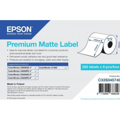 Epson C33S045740 Premium Matte, per ColorWorks, 105x210mm, 282pz, bianco etichette autoadesive