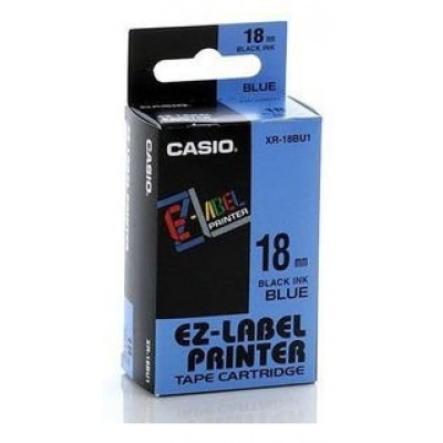 Casio XR-18BU1, 18mm x 8m, testo nera/sfondo blu, nastro originale