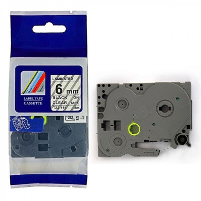 Nastro compatibile con Brother TZ-111 / TZe-111, 6mm x 8m, testo nera / nastro trasparente