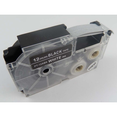 Nastro compatibile con Casio XR-12ABK, 12mm x 8m testo bianco / sfondo nera