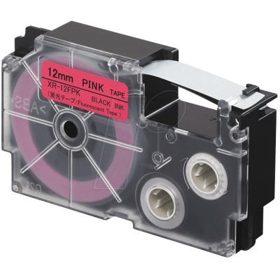 Casio XR-12FPK , 12mm x 8m, testo nera / segnale sfondo rosa, nastro compatibile