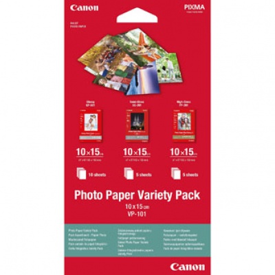 Canon Photo Paper Variety Pack VP-101, carta fotografica, lucido, bianco, 10x15cm, 4x6", 20 pz 0775B078, getto d'inchiostro,5x PP201, 5x SG201, 10