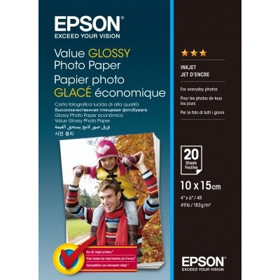 Epson Value Glossy Photo Paper C13S400037, 183 g/m2, 10x15cm, 20pz, lucido, bianco, carta fotografica