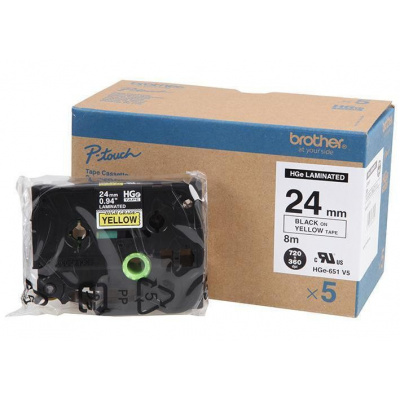 Brother HGe-651, 24mm x 8m, 5pz testo nera / sfondo giallo, nastro originale