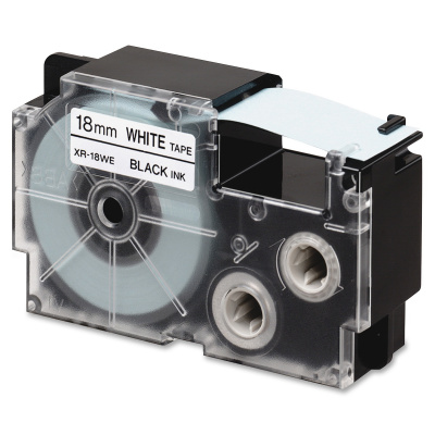 Casio R11WE (XR-18HSWE), 18mm x 2m, testo nera / sfondo bianco, restringibile, nastro compatibile
