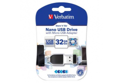 Verbatim USB flash disk, USB 2.0, 32GB, Nano, Store N Go, nero, 49822, USB A, s adattatoreem USB Micro