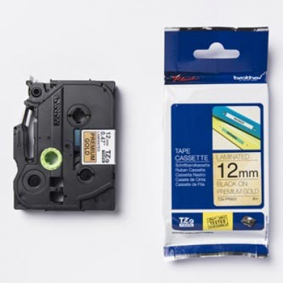 Brother TZ-PR831 / TZe-PR831, 12mm x 8m, testo nera / sfondo d'oro, nastro originale