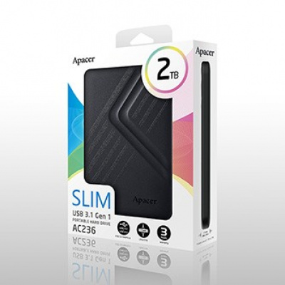 Apacer disco rigido esterno, AC236, 2.5", USB 3.0 (3.2 Gen 1), 2TB, AP2TBAC236B-1, nero