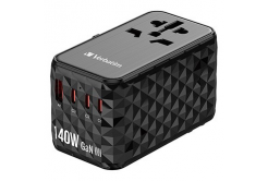 Verbatim UTA-10 GaN III 32125, Adattatore da viaggio universale, 2x USB-C PD e QC 4+, 1x USB-C PD 3.0, 1x USB-A QC, nero, 140 W