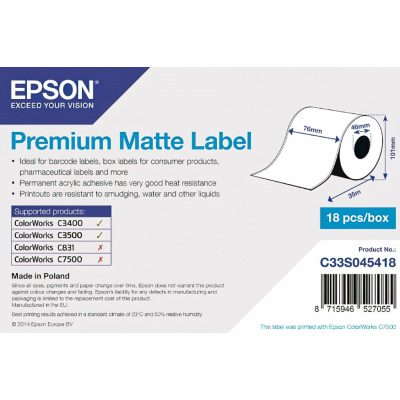 Epson C33S045418 Premium Matte, per ColorWorks, 76mmx35m, bianco etichette autoadesive