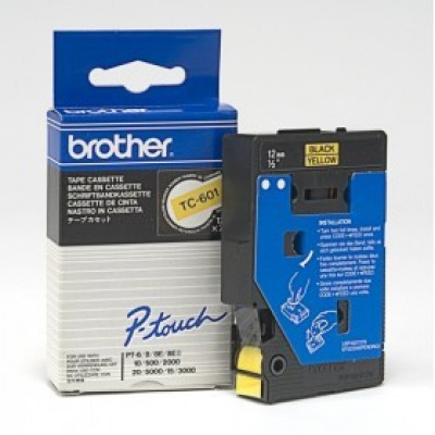 Brother TC-601, 12mm x 7,7m, testo nera / sfondo giallo, nastro originale