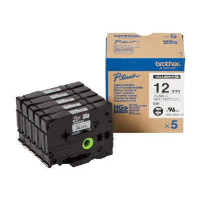 Brother HGE-M931V5, 12mm x 8m, testo nera / sfondo argento, nastro originale, 5pz