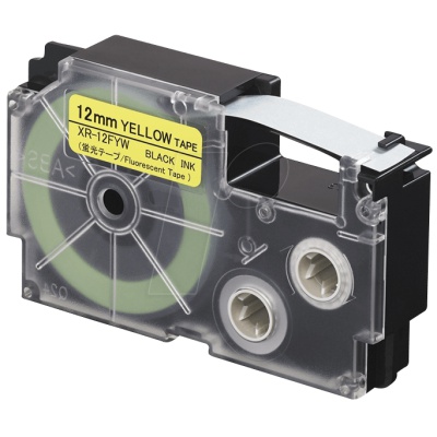 Casio XR-12FYW , 12mm x 8m, testo nera / segnale sfondo giallo, nastro compatibile