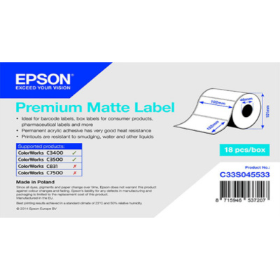 Epson C33S045533 Premium Matte, per ColorWorks, 102x152mm, 225pz, bianco etichette autoadesive