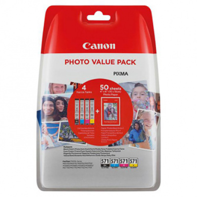 Canon inchiostro originale CLI-571 C/M/Y/BK photo value pack, black/color, 0386C007, Canon 4-pack C/M/Y/K + paper PIXMA MG5750, MG6850, 