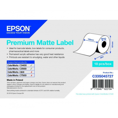 Epson C33S045727 Premium Matte, per ColorWorks, 105mmx35m, bianco etichette autoadesive