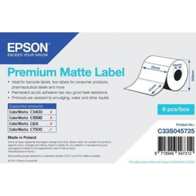 Epson C33S045725 Premium Matte, per ColorWorks, 76x51mm, 2310pz, bianco etichette autoadesive