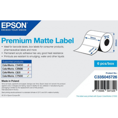Epson C33S045726 Premium Matte, per ColorWorks, 76x127mm, 960pz, bianco etichette autoadesive