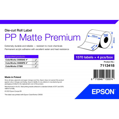 Epson 7113418 PP Matte, per ColorWorks, 102x76mm, 1570pz, polypropylen, bianco etichette autoadesive