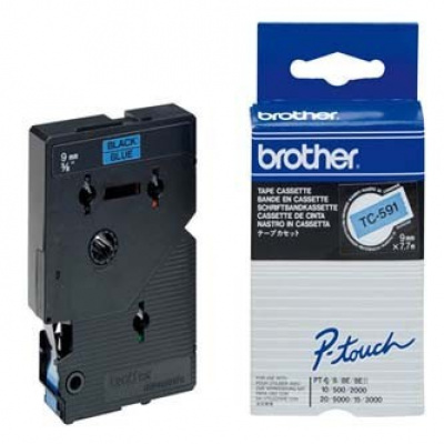 Brother TC-591, 9mm x 7,7m, testo nera / sfondo blu, nastro originale