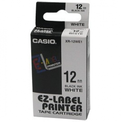 Casio XR-12WE1, 12mm x 8m, testo nera/sfondo bianco, nastro originale
