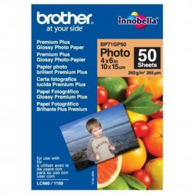 Brother Premium Glossy Photo Paper BP71GP50, 260 g/m2, 10x15cm, 50pz, lucido, bianco, carta fotografica