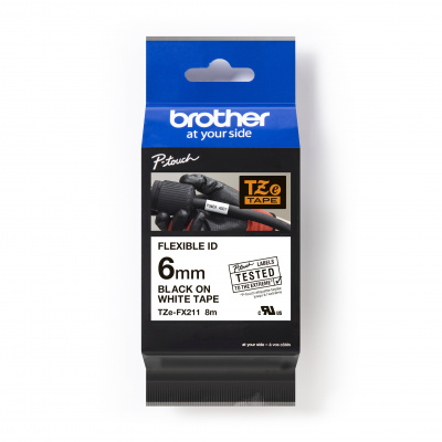 Brother TZ-FX211 / TZe-FX211 Pro Tape, 6mm x 8m, testo nera/nastro bianco, nastro originale