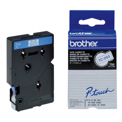 Brother TC-203, 12mm x 7,7m, testo blu / sfondo bianco, nastro originale