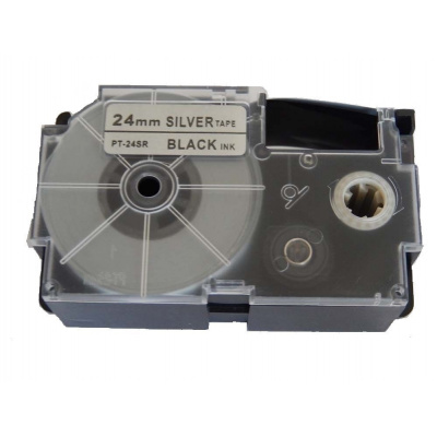 Nastro compatibile con Casio XR-24SR1 24mm x 8m testo nera / sfondo argento