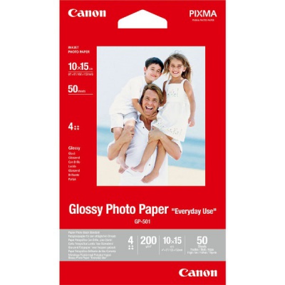Canon Glossy Photo Paper, carta fotografica, lucido, GP-501, bianco, 10x15cm, 4x6", 200 g/m2, 50 pz 0775B081, getto d'inchiostro