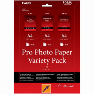 Canon Photo Paper Pro Variety Pack PVP-201, carta fotografica, bianco, A4, 15 pz 6211B021, getto d'inchiostro,5x opaco PM-101, 5x lucido PT-101, 5