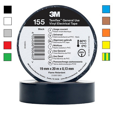 3M Temflex 155 Nastro isolante elettrico, spessore 0,13 mm, 19 mm x 20 m 19 mm x 20 m blu/blue