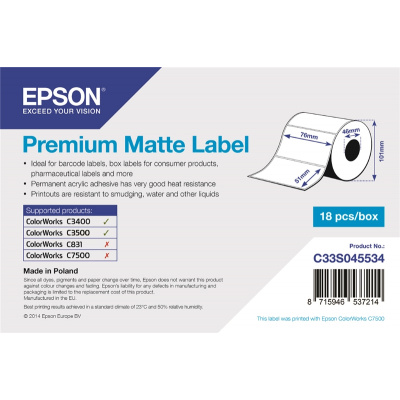 Epson C33S045534 Premium Matte, per ColorWorks, 76x51mm, 650pz, bianco etichette autoadesive